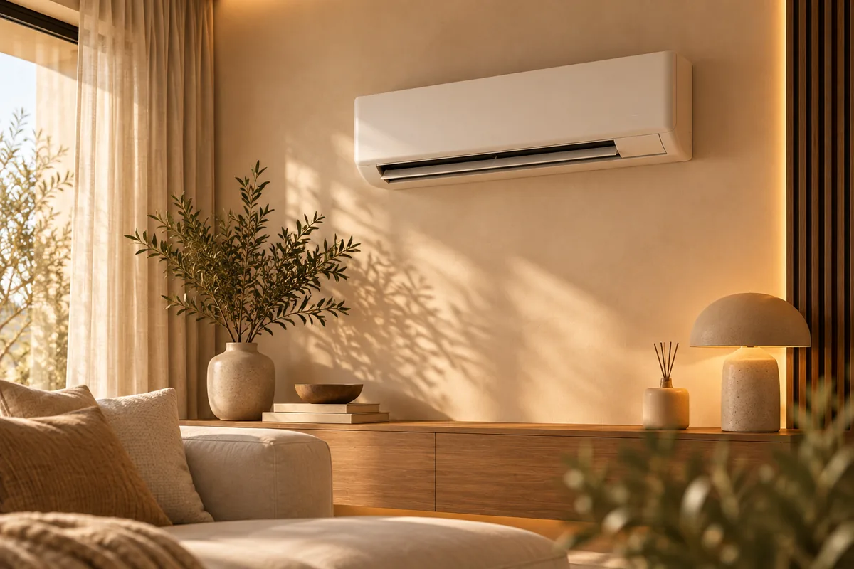 Woonkamer met een wandairco boven een houten dressoir